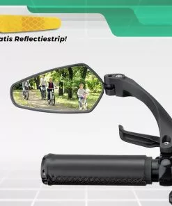 Merkloos Fietsspiegel + Reflectiestrip - Links - E-bike - Verstelbaar 360 Graden - Zwart