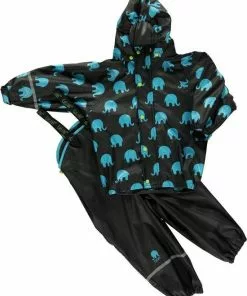 CeLaVi - Regenpak Met Olifant Print Voor Kinderen- Zwart - Maat 130 (128-134cm)